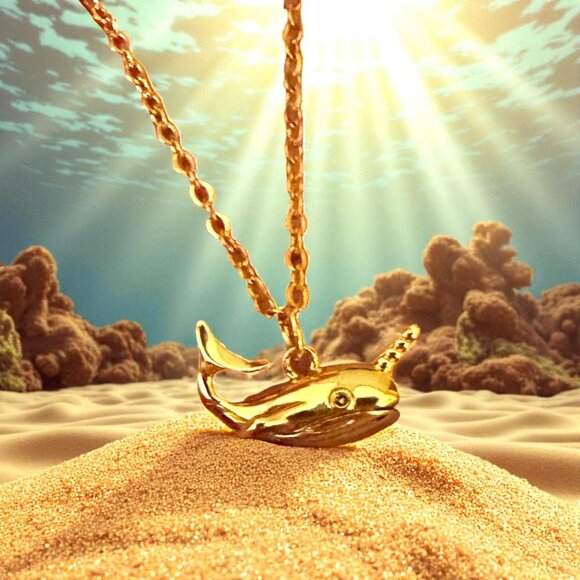 18K Gold Plated Narwhal Whale Pendant Necklace Gold Plated Stainless Steel Chain - Picture 1 of 12